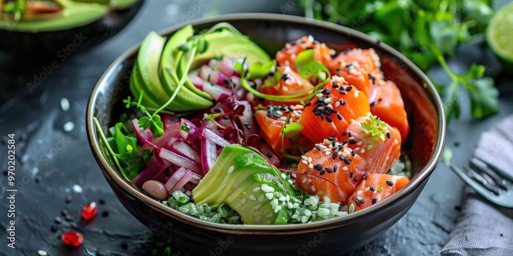 Home-prepared salmon bowl enhanced with avocado. Home-prepared salmon bowl enhanced with avocado.
