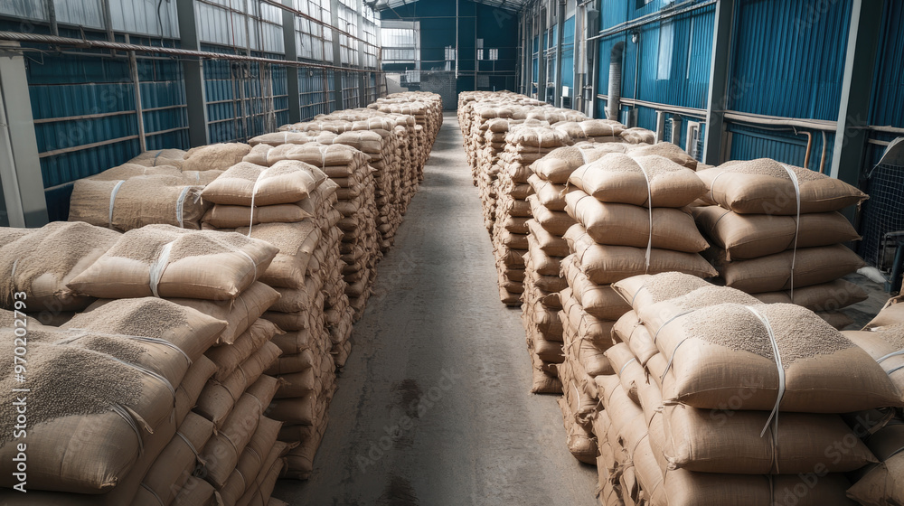 Obraz premium A warehouse full of bags of grain. The bags are stacked on top of each other. The bags are tied together with strings