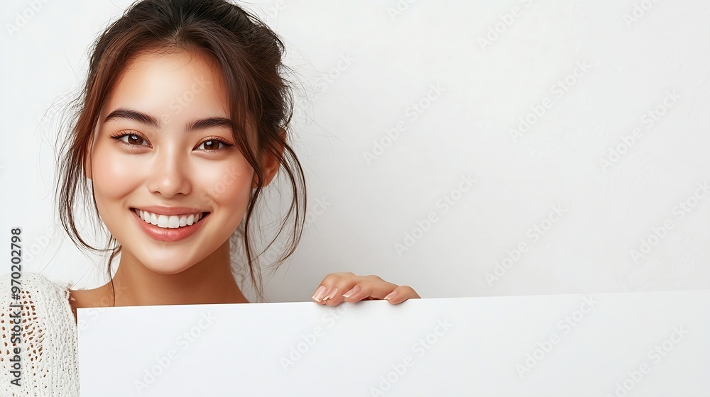 Smiling asian woman presenting something on white blank board with empty space isolated on white background Awesome promo concept : Generative AI Smiling asian woman presenting something on white blank board with empty space isolated on white background Awesome promo concept : Generative AI