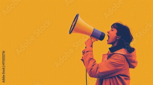 Woman Shouting Through Megaphone on Yellow Background
