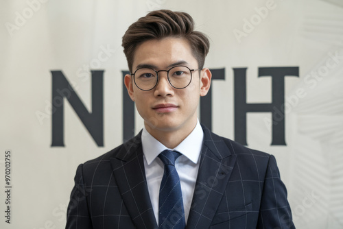 A man in a suit and tie stands in front of a sign that says NTH photo