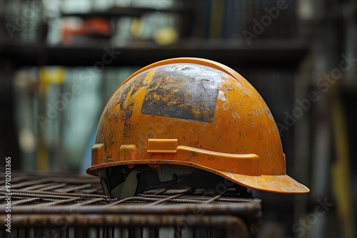 Worn Yellow Hard Hat Resting on Rusty Metal