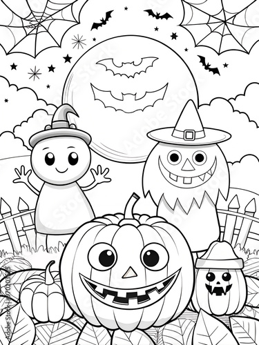 Halloween scene with a happy pumpkin family and spooky bats. Black and white outline, perfect for children's coloring pages and Halloween designs