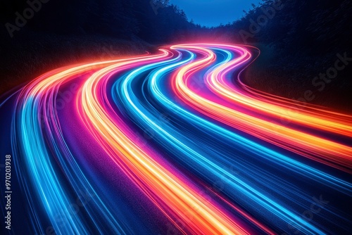 Abstract Light Trails on a Winding Road at Night