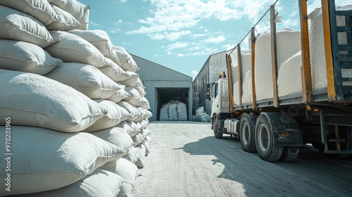 A truck is driving down a road next to a pile of white bags. The bags are stacked in a row and appear to be filled with something. The truck is the main focus of the image
