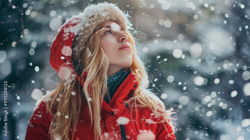 beautiful woman in red coat in the snow in winter