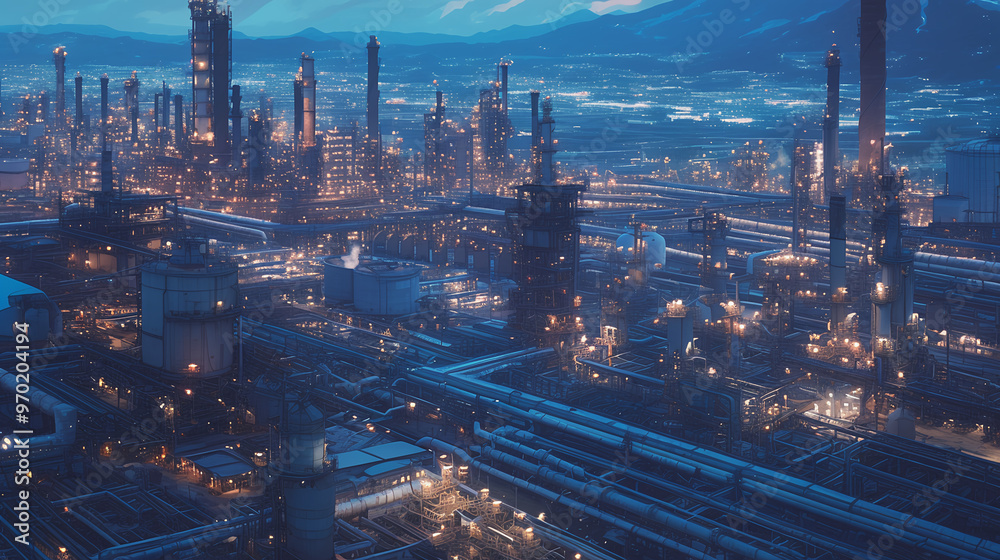 Fototapeta premium Factory area, industrial complex, huge industrial complex, night view, modern factory area, beautiful, spectacular, overwhelming, Night view of the factory area,city, urban, building, cityscape, archi