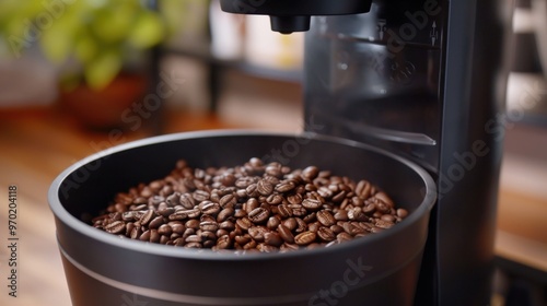 Coffee Grinder: Durable black grinder with customizable grind settings. The motor’s whirring transforms beans into espresso powder, filling the air with a strong aroma.
 photo