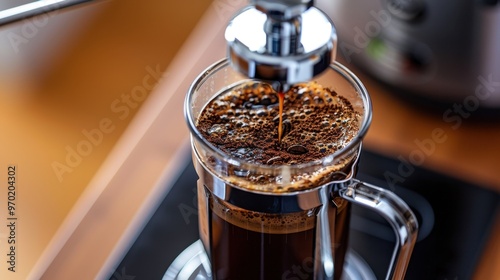 French Press: Glass cylinder with a metal plunger that pushes coffee grounds to the bottom, perfect for brewing a hands-on, rich, full-bodied cup of coffee.
