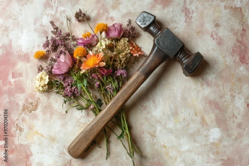 A bouquet of wilted flowers and a weathered hammer on a textured background. photo