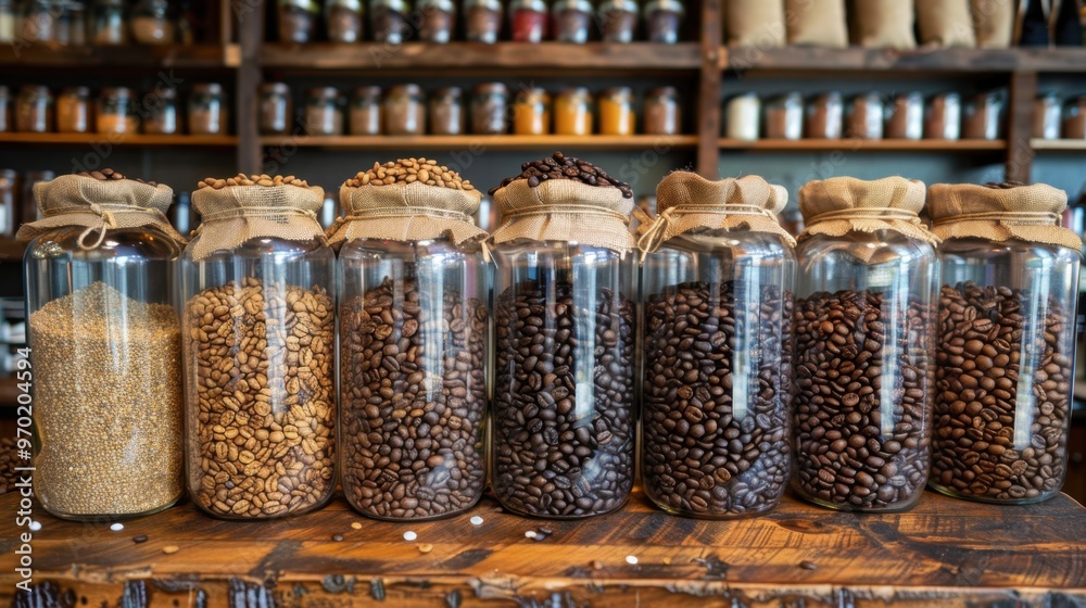 Coffee Beans Display: Varied coffee beans in jars or burlap sacks, neatly organized by origin and roast, reflecting the shop’s focus on quality and a wide selection.
Coffee Beans Display: Varied coffee beans in jars or burlap sacks, neatly organized by origin and roast, reflecting the shop’s focus on quality and a wide selection.