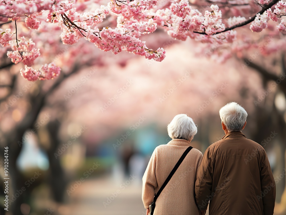 Obraz premium A loving elderly couple walks hand in hand through a beautiful cherry blossom pathway, embracing nature and each other's company.