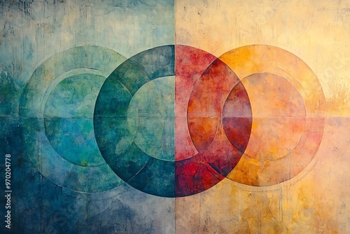 Abstract art featuring overlapping circles in vibrant colors, creating a harmonious blend of shapes and tones. photo