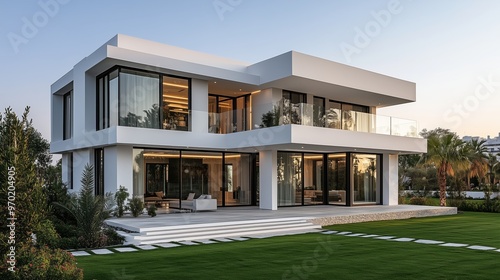 A modern white villa with a lawn in the garden, a minimalist style with large windows and sliding doors on two floors