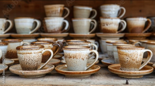 Coffee Cups: Heavy-duty ceramic cups in assorted sizes for espresso, cappuccino, and latte, with thick walls to keep drinks hot and typically come with coordinating saucers. 