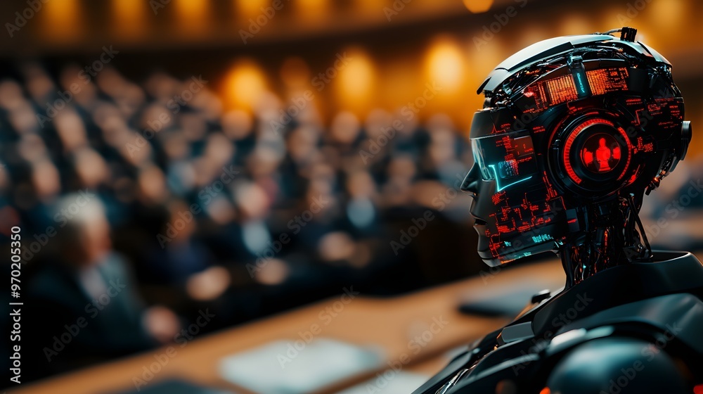 A futuristic robot standing in front of a panel of judges, constrained by the laws of robotics, contemplating ethical dilemmas selective focus, ethics in AI, realistic, Overlay, courtroom backdrop A futuristic robot standing in front of a panel of judges, constrained by the laws of robotics, contemplating ethical dilemmas selective focus, ethics in AI, realistic, Overlay, courtroom backdrop
