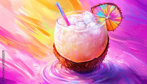 Coconut cocktail with ice and straw featuring a vibrant 2D cartoon illustration in EPS 10 format photo