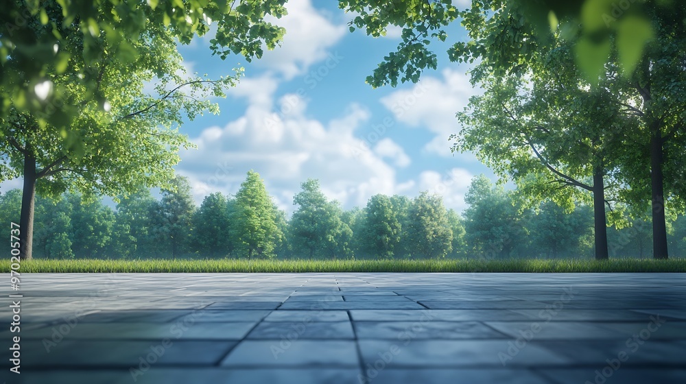 Fototapeta premium Empty square floor and green forest under blue sky : Generative AI