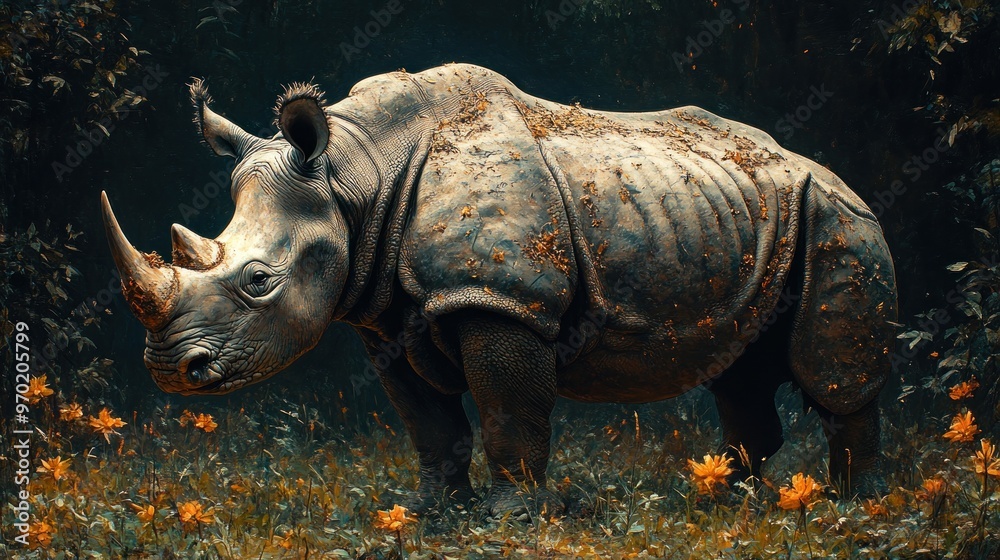 Fototapeta premium A majestic rhinoceros in a lush, vibrant environment.