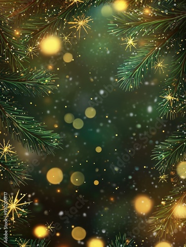 2D cartoon illustration of Christmas and New Year theme featuring fir tree branches framing a blurred background adorned with stars snowflakes and bokeh effects