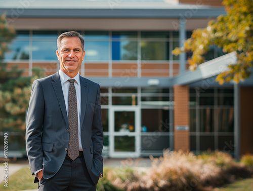 school principal standing in front of the school building