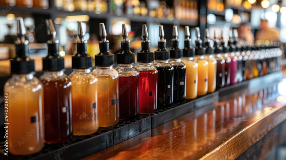 Syrup Bottles: Rows of glass bottles filled with vanilla, hazelnut, and caramel syrups, each labeled for efficient use by baristas to customize drinks.
Syrup Bottles: Rows of glass bottles filled with vanilla, hazelnut, and caramel syrups, each labeled for efficient use by baristas to customize drinks.