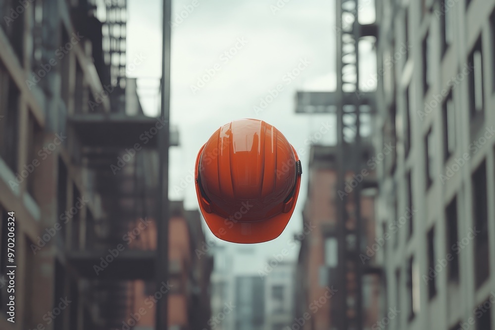 Orange Hard Hat Floating in Front of Blurred Buildings Orange Hard Hat Floating in Front of Blurred Buildings