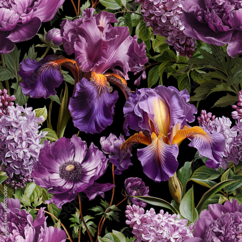 Seamless vector pattern with purple peony, iris, anemone and lilac flowers isolated on a changeable background. Vintage painting style illustration.