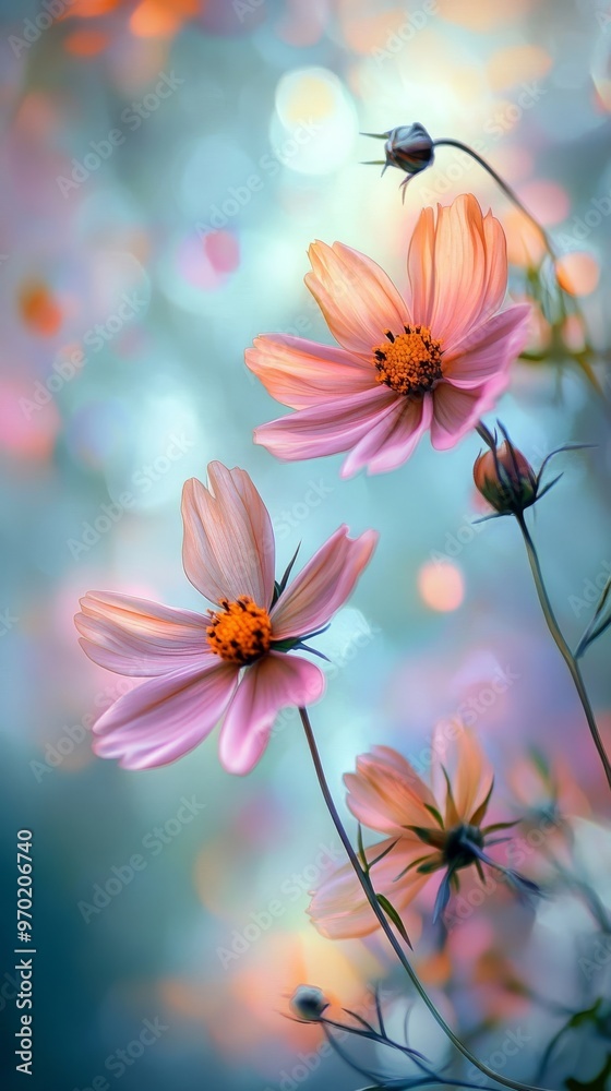 Pink cosmos flowers with bokeh background, dreamy nature photography. Floral tranquility and beauty concept Pink cosmos flowers with bokeh background, dreamy nature photography. Floral tranquility and beauty concept