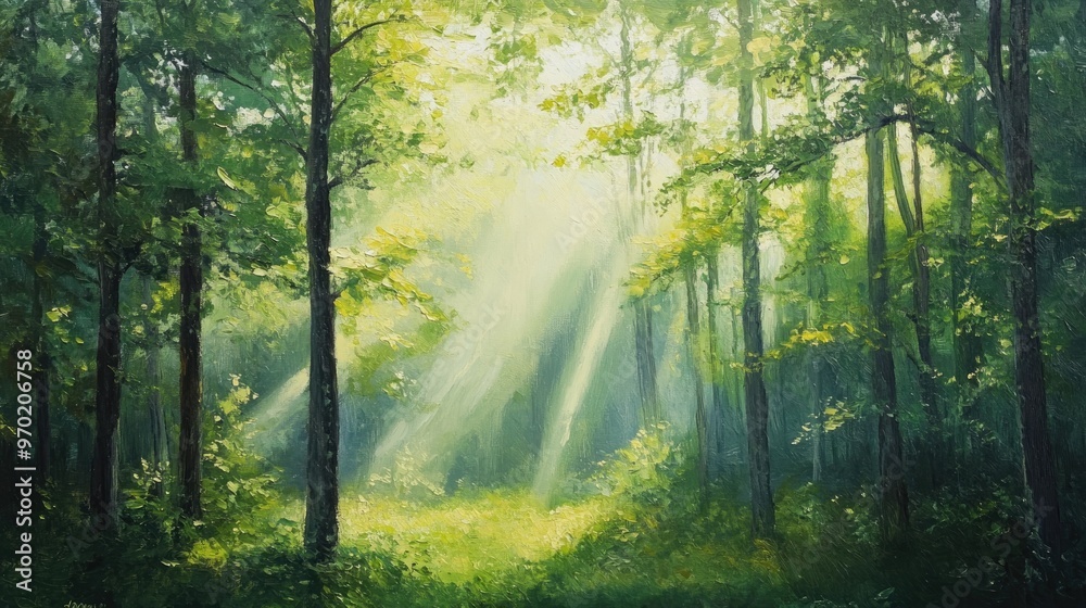 Fototapeta premium Vertical oil painting of lush green forest trees with sunlight filtering through creating a serene natural backdrop