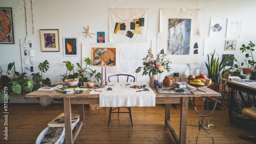 A creative workspace with a rustic charm. There is a wooden table in the center with a white cloth. On the table, there are a variety of items, including a candle, a vase with flowers, a bowl of fruit