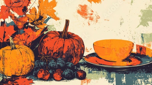 Closeup view of a seasonal table setting featuring autumn leaves pumpkins and ashberries with space for creative expression photo