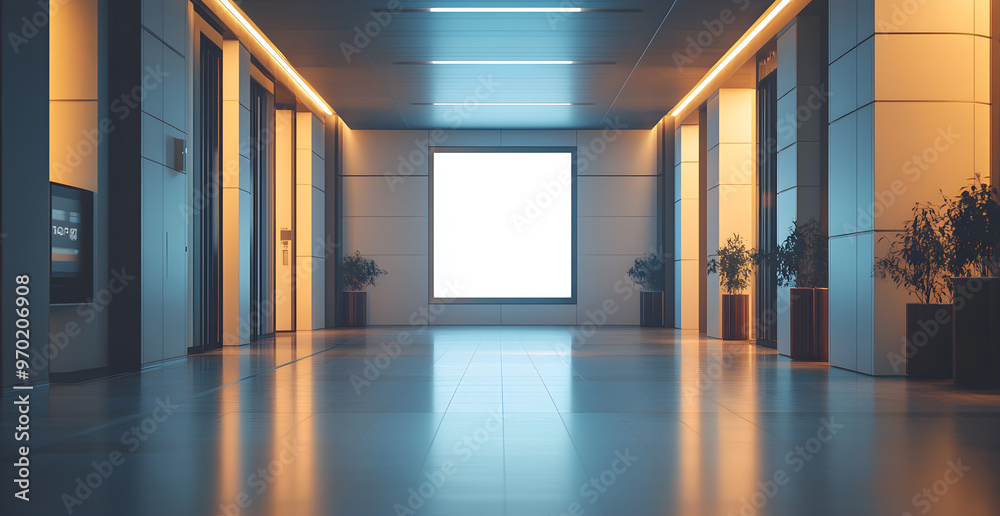 Fototapeta premium A large, empty hallway with a white wall and a large window