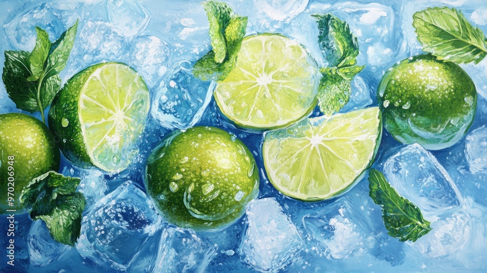 Oil painting depicting fresh limes and slices encased in ice with mint against a blue backdrop showcasing vibrant frozen elements Oil painting depicting fresh limes and slices encased in ice with mint against a blue backdrop showcasing vibrant frozen elements