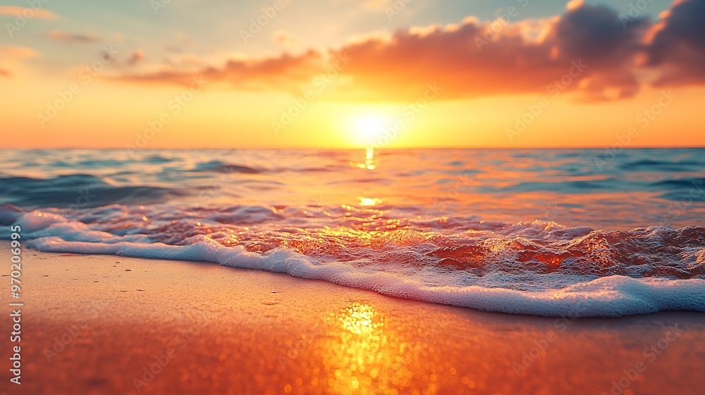 Fototapeta premium Orange golden sunset sunrise sky calm tranquil relaxing sunlight summer Closeup sea sand beach Panoramic beach landscape Inspire tropical seascape waves horizon Peaceful nature Mediter : Generative AI