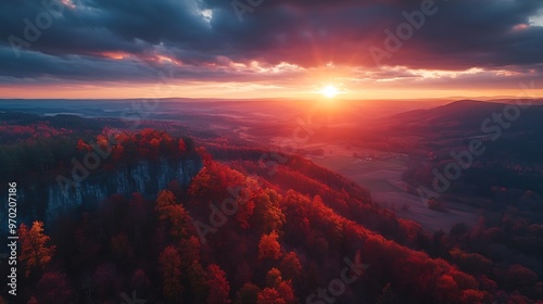 Jetrichovice Czech Republic  Aerial panoramic view of Mariina Vyhlidka Marys view lookout with a beautiful Czech autumn landscape and colorful golden sunset sky in Bohemian Switzerland : Generative AI photo