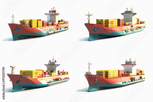 Four different colored ships are shown in a row