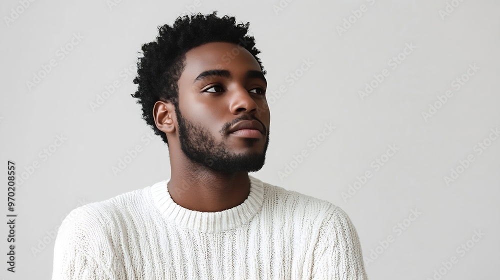 Portrait of handsome young africanamerican man standing in profile turn head to camera with serious determined look telling stay home safe promo of insurance or finance white backgroun : Generative AI Portrait of handsome young africanamerican man standing in profile turn head to camera with serious determined look telling stay home safe promo of insurance or finance white backgroun : Generative AI