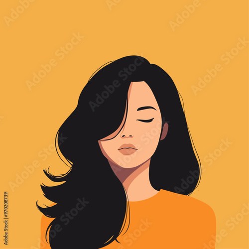 Young woman with black hair flat vector design