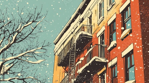 Close up illustration of a vintage apartment building in winter photo