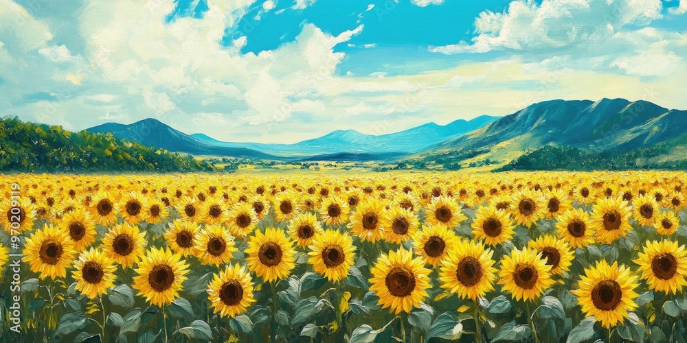 Obraz premium Vibrant oil painting of sunflowers in full bloom showcasing a beautiful field of blooming sunflowers and scenic landscape