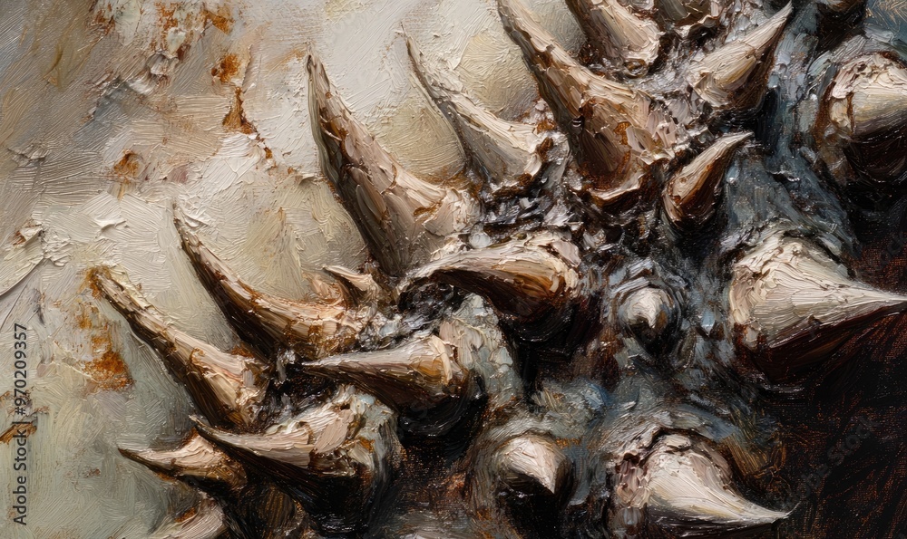 Close up of spiky details in an oil painting showcasing the intricate textures and forms of small pointed elements Close up of spiky details in an oil painting showcasing the intricate textures and forms of small pointed elements
