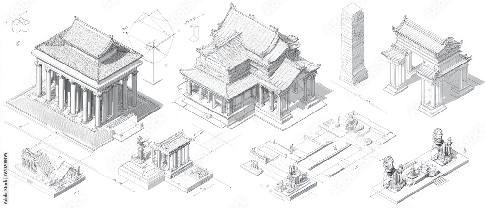 Line art illustration of a 3D model featuring geometric perspective modeling aspects and detailed axonometric views Line art illustration of a 3D model featuring geometric perspective modeling aspects and detailed axonometric views