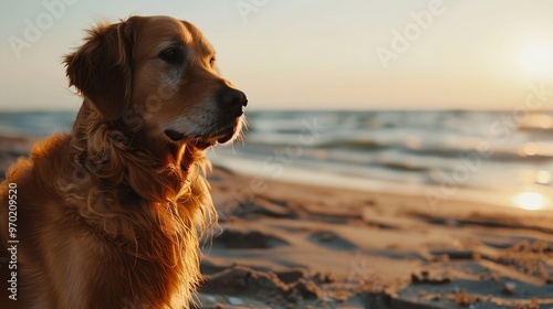 beautiful golden retriever on the beach at sunset in spring : Generative AI