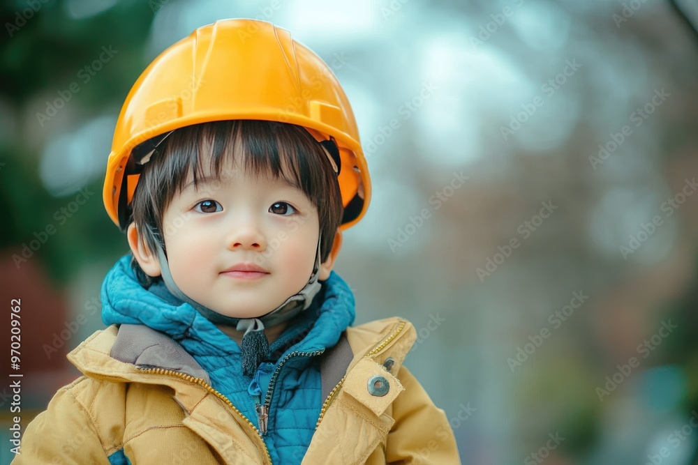 Young Boy Wearing a Yellow Hard Hat and Brown Jacket Young Boy Wearing a Yellow Hard Hat and Brown Jacket