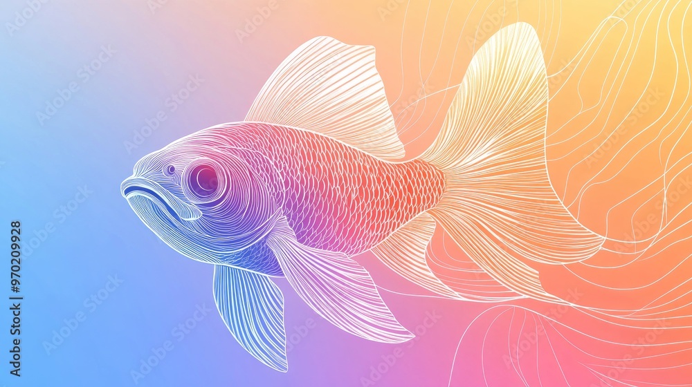 Line art illustration featuring a cold gradient design of a joyful cartoon fish Line art illustration featuring a cold gradient design of a joyful cartoon fish