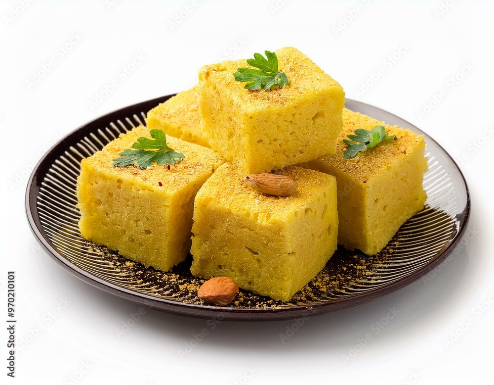 Dhokla on plate isolated on white background Dhokla on plate isolated on white background