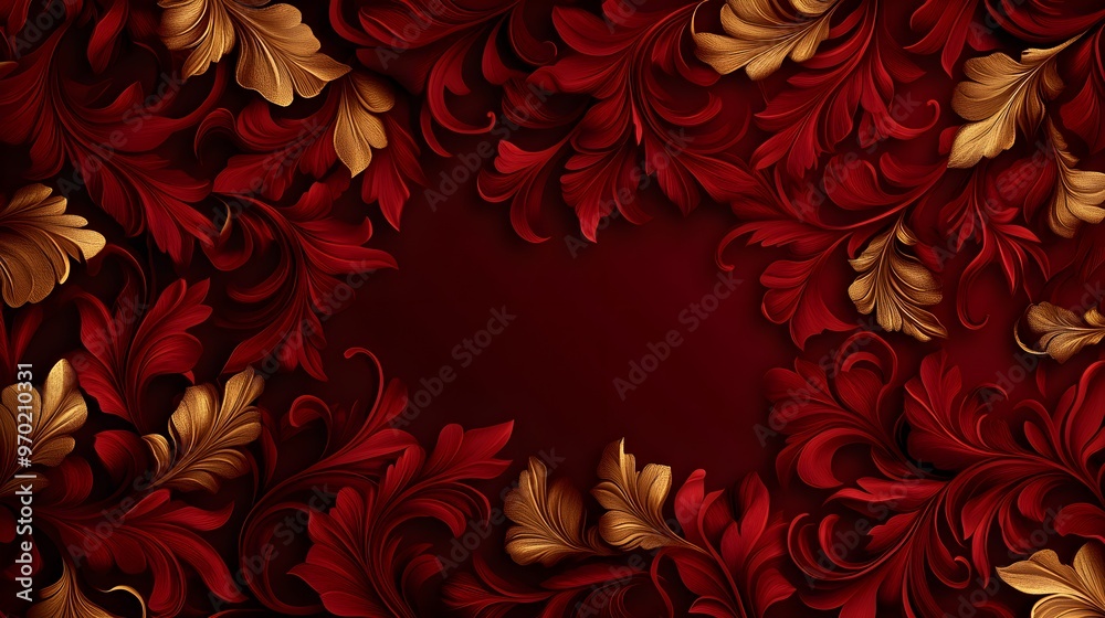 Gold and burgundy Renaissance swirls, seamless ornate pattern, Baroque style, intricate detailing, vintage elegance, luxurious design, digital art, symmetrical layout. Gold and burgundy Renaissance swirls, seamless ornate pattern, Baroque style, intricate detailing, vintage elegance, luxurious design, digital art, symmetrical layout.