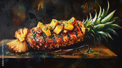 Oil painting depicting a grilled pineapple dish showcasing a culinary creation that highlights the fruit s unique flavors and presentation photo