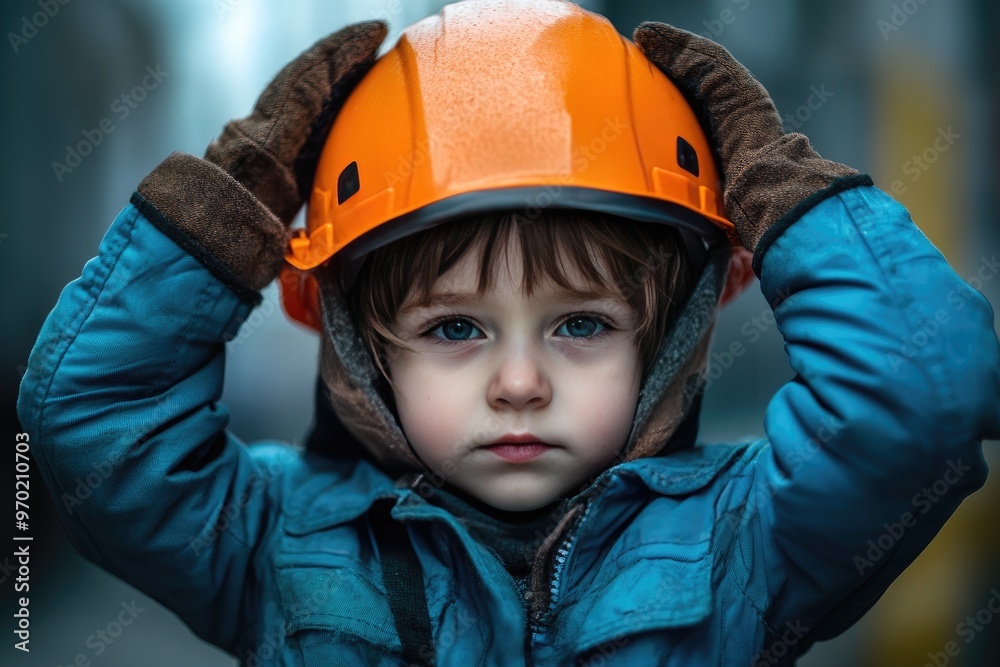 Young Boy Wearing an Orange Helmet and Blue Jacket Young Boy Wearing an Orange Helmet and Blue Jacket